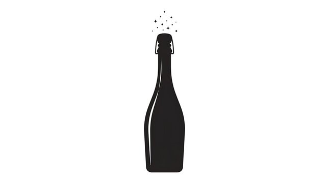 Minimalist black and white illustration of a sparkling champagne bottle with bubbles rising from the neck