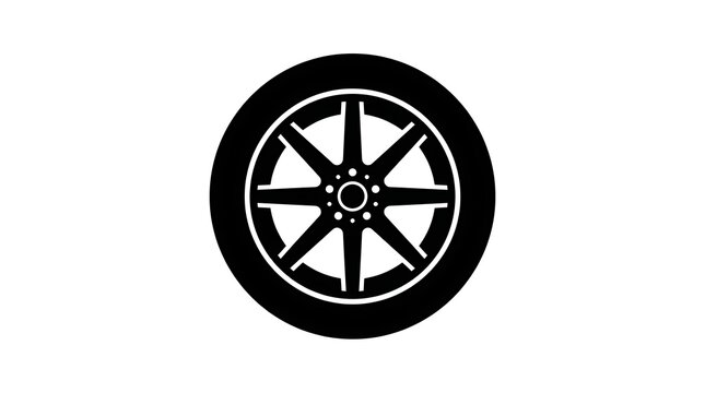 Minimalist black and white vector icon of a car wheel and tire with spoke rim design