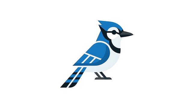 Minimalist geometric illustration of a blue jay bird in flight against a white background