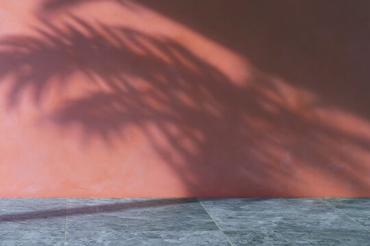 Empty blush pink limewash wall mockup with botanic shadows and a cool-grey marble floor for cosmetic product display and elegant branding