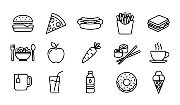 Food and drink line icon set with fast food healthy meals and beverages vector pictograms