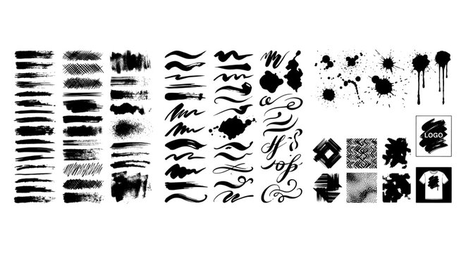Black ink brush strokes and paint splatters collection, hand drawn artistic calligraphy swirls and grunge textures, set of creative design elements