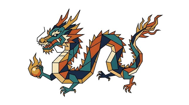 Traditional eastern dragon illustration with flames and golden orb