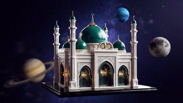 Miniature mosque model in space with planets background