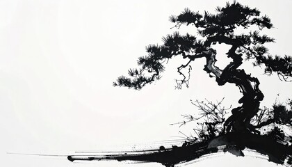 Fototapeta premium Elegant Black Ink Bonsai Tree Painting on White Background.