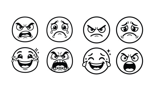 A set of eight emoticon faces with various expressions on isolated white background