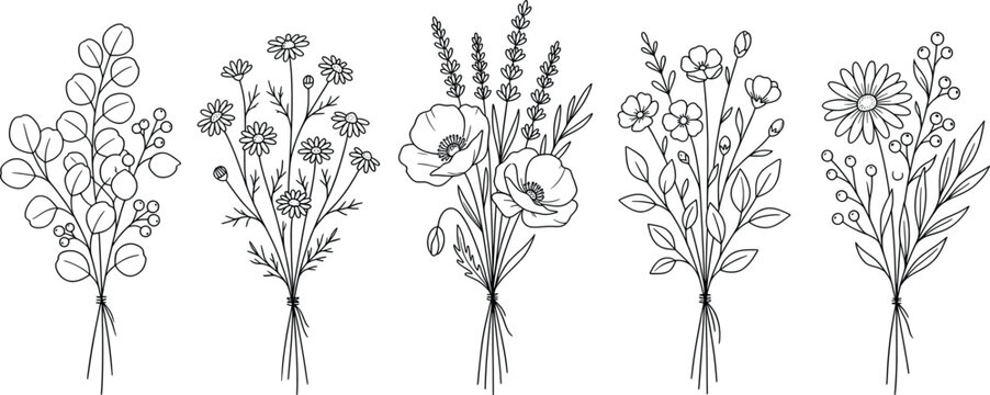 Minimalist wildflower bouquet line art, hand drawn botanical floral sketches, 5 black and white garden flower arrangements in EPS vector format