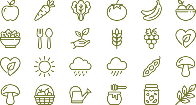 Minimalist green organic food vector illustration set featuring healthy vegetable and fruit icons for design