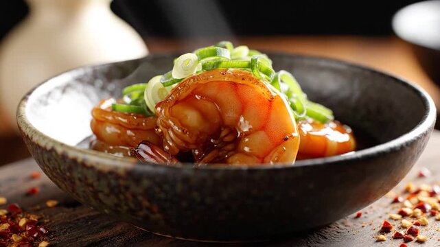 Glazed prawns topped with sliced green onions in a dark ceramic bowl