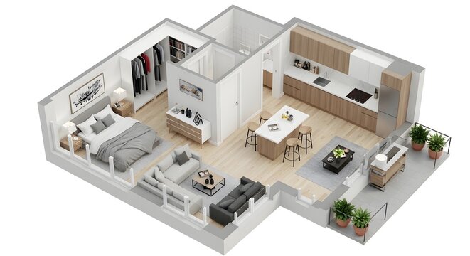 3d isometric floor plan of a modern apartment with bedroom, living room, kitchen, and balcony