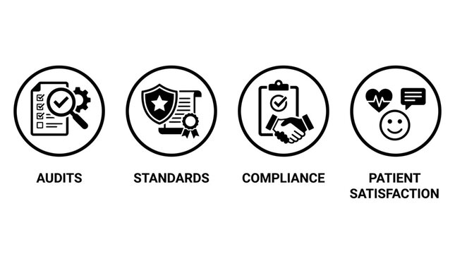 Set of medical audit and healthcare standards icons for quality compliance