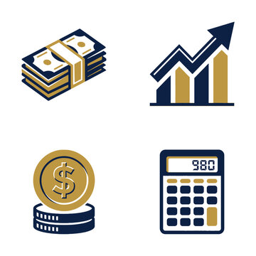 Financial business icons set featuring cash stack growth chart dollar coins and digital calculator.