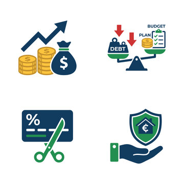 Financial management icons set showing debt reduction budget planning and investment growth concepts.