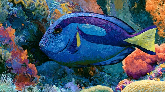 Blue Tang Fish Swimming Near Coral Reef Abstract Art Photorea