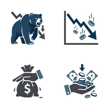 Financial Crisis and Bear Market Stock Icon Set Representing Economic Recession and Loss.
