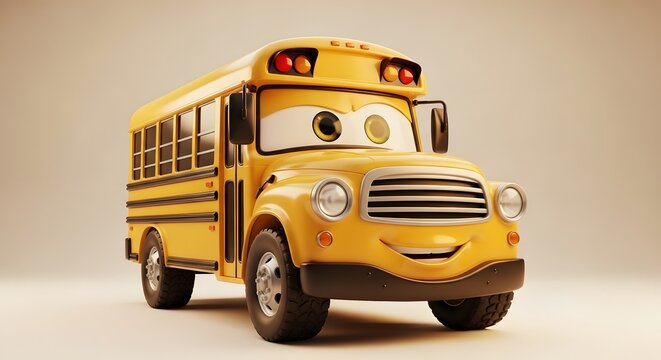 3d render of a cute yellow school bus character with big eyes and a friendly smile, isolated on white background