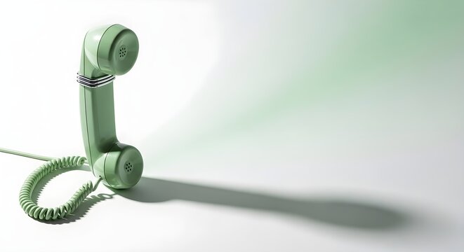 A light green vintage telephone receiver stands upright on a white surface with a coiled cord and a long shadow.