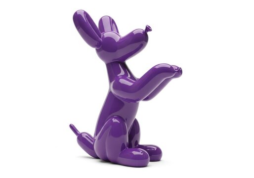 Purple shiny rabbit figurine sitting with arms raised isolated on white background