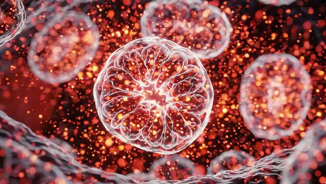 Cells generating body heat, glowing thermal energy particles emerging from transparent mitochondria and spreading through cellular structures