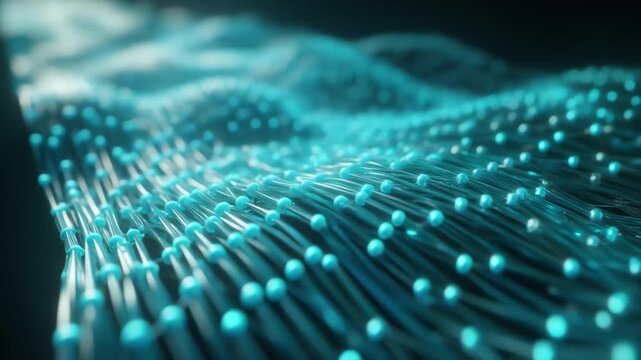 Abstract digital landscape of glowing blue dots forming a wave-like mesh over a dark background grit