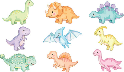 Cute Baby Dinosaur Vector Illustration Set Featuring Brachiosaurus Triceratops Stegosaurus Tyrannosaurus Rex Pterodactyl Parasaurolophus Ankylosaurus Spinosaurus and Plesiosaurus Character Icons © Ismail