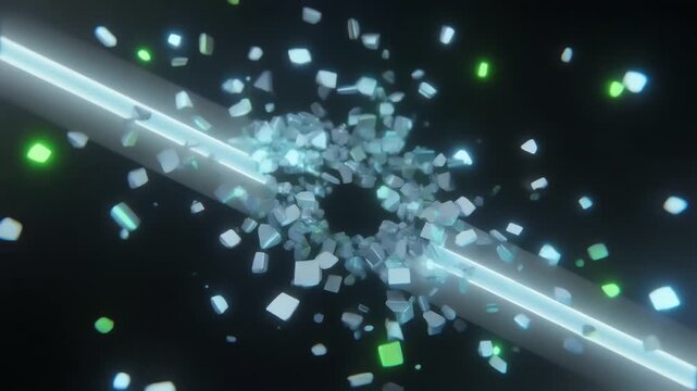 Abstract cubes fragment and scatter along a glowing tube, neon shards orbiting in motion. and spark
