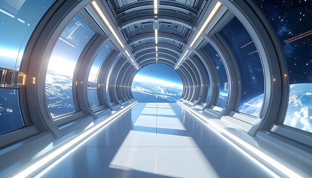 A futuristic space station corridor with a view of Earth (1)