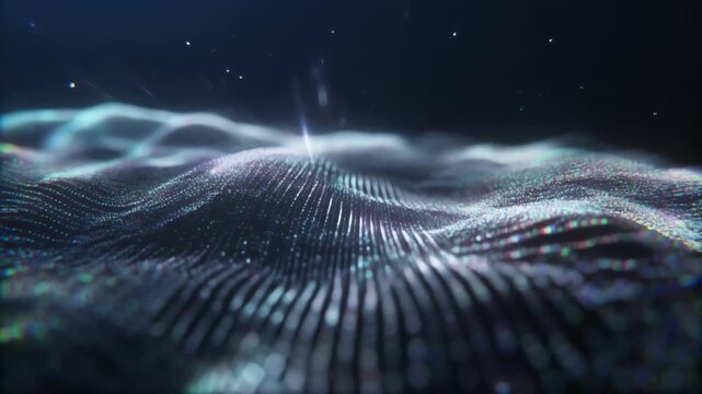 Abstract digital landscape with flowing wave-like particles and glowing specks in blue across scene!