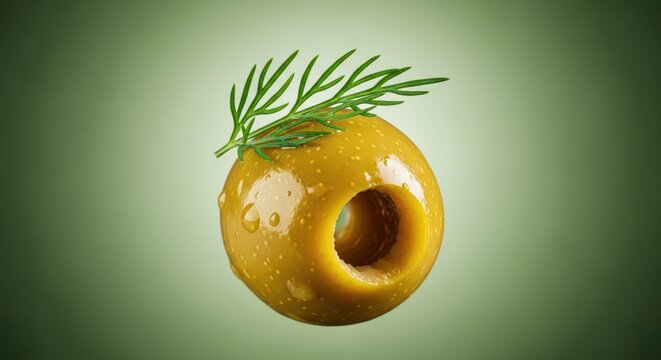 A macro shot of bright green pitted olives marinated in savory brine with fresh sprigs of aromatic dill weed, perfect for snacking, delicious, savory, tangy