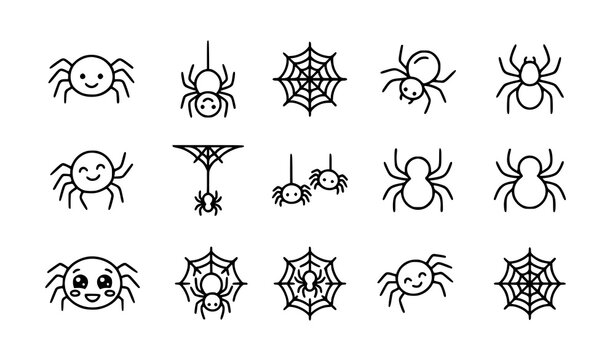 Minimal cute spider outline icon collection with cartoon web and friendly arachnid vector set