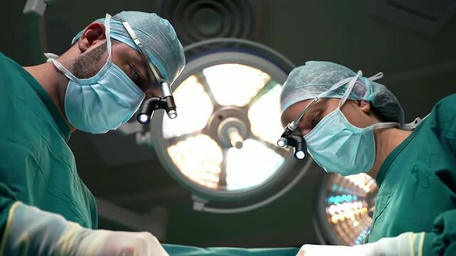 First-Person Perspective From The Head Of The Operating Table With Surgical Team Focused On The Procedure Under Bright Surgical Lights