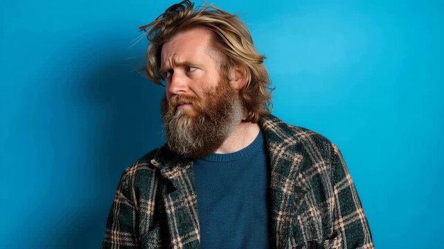 Man with a beard shows surprise in front of a blue background while touching his hair inside a studio
