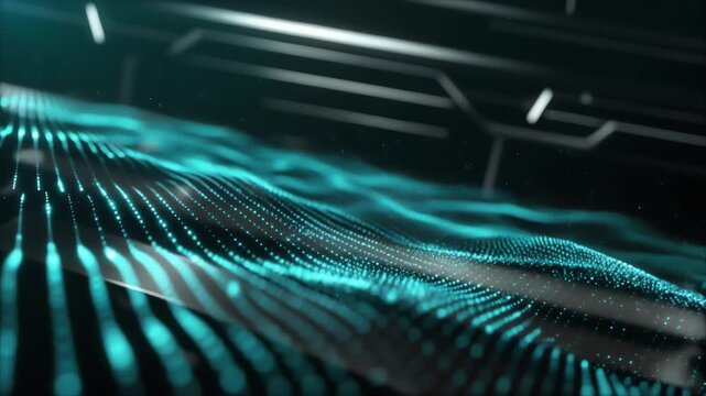 Abstract digital scene with teal glowing waves and dotted contours over a dark grid, data flow glow