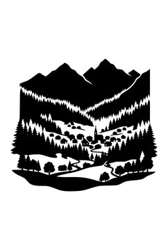 Mountain Village Silhouette Illustration in Scherenschnitte Style