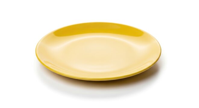Empty round yellow ceramic plate on white background.