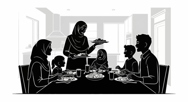 Black and white vector silhouette of a Muslim family at a dining table. A mother in a hijab serves food to her husband, another woman, and three children in a modern kitchen setting.