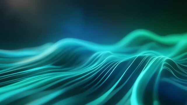Abstract digital waves in teal and blue, with flowing lines forming a soft, luminous landscape glow