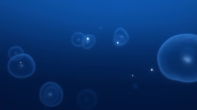 Medical Healthcare 3d render cell bubble floating deep blue background, abstract microscopic particles and bokeh light translucent bubble cell spheres drifting underwater with soft glow depth