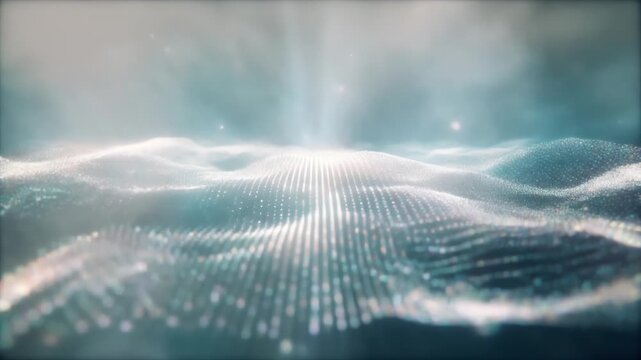 Abstract digital waves of glowing dots ripple across teal mist with soft light and depth. calm glow