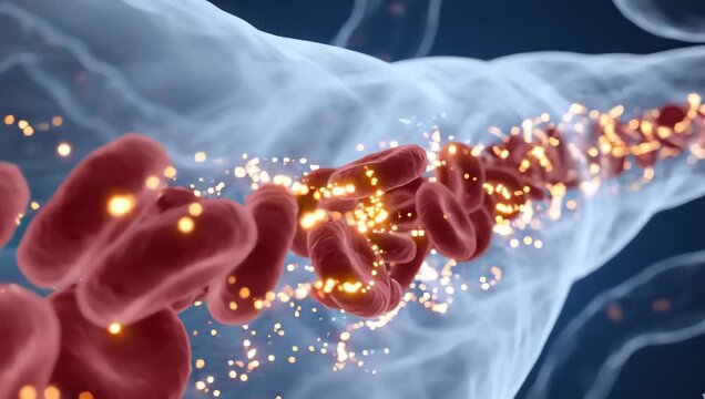 Bloodstream distributing body heat through transparent arteries and capillaries, glowing thermal particles moving gently alongside red blood cells in synchronized motion
