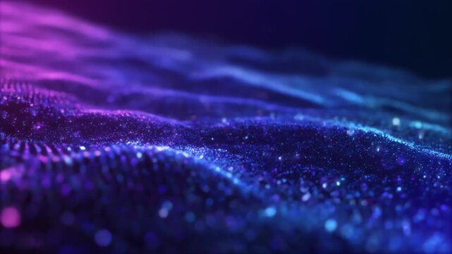Abstract electronic landscape with glowing purple-blue particles flowing in wavy, luminous wavescape