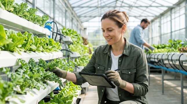 Smiling female agronomist using tablet to monitor vertical hydroponic farm while inspecting fresh lettuce crops in sustainable greenhouse agriculture facility for organic food