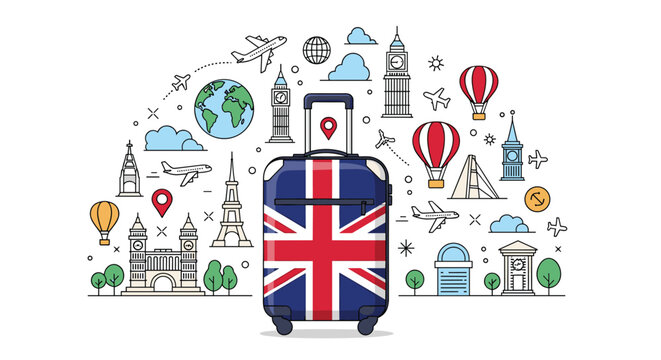 United Kingdom travel concept featuring suitcase with Union Jack flag surrounded by landmarks of London, planes, and balloons on white.