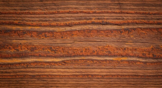 Intricate macro shot revealing the deep, dry grain of antique wooden planks mixed with warm, reddish-brown iron oxide stains, lumber, antique, wall
