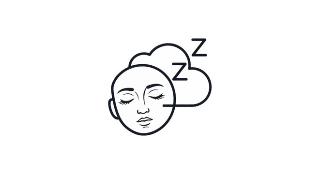 Minimalist black line art vector illustration of a sleeping human face with closed eyes and long lashes, featuring a dream cloud and Z sleep symbols on a plain white background.