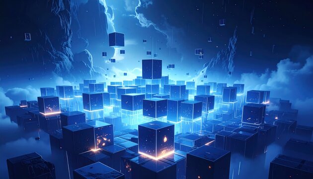 Abstract Futuristic Cityscape with Glowing Blue Cubes and Lightning