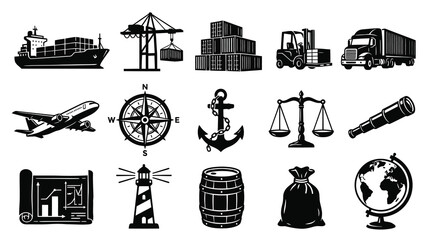 Fototapeta premium Logistics and Transportation Black and White Glyph Icons Set for Global Shipping and Trade Business