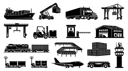 Obraz premium Shipping and Logistics Icons: Cargo Ship, Truck, Train, Plane, Crane, Warehouse