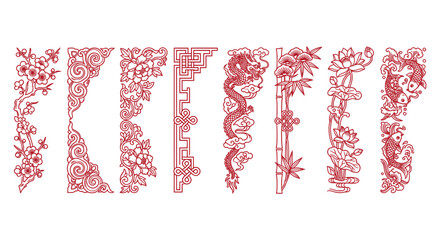 Traditional Chinese red line art borders, set of 8 oriental decorative corner frames, floral and dragon motifs for lunar new year invitations © Angel