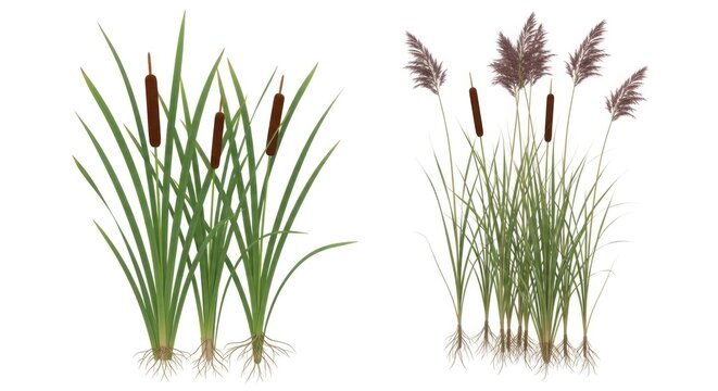 Green reeds and brown cattail plants